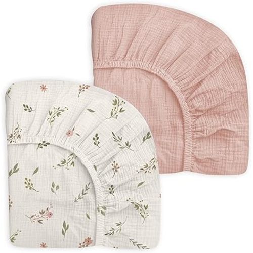 Mini Crib Sheets for Baby Boy Girl 2 Pack, Neutral Mini Crib Mattress Sheet 24" x 38", Muslin Nursery Bedding Soft and Breathable Comfort (Petal Leaf & Pink)