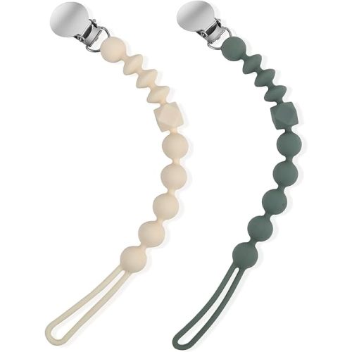 One-Piece Silicone Pacifier Clip Holder, Set of 2 Soft Flexible Pacifier Clips Binky Clips for Boys and Girls, Baby Newborn Essentials, Birthday Christmas Shower Gift(Sage, Cream White)