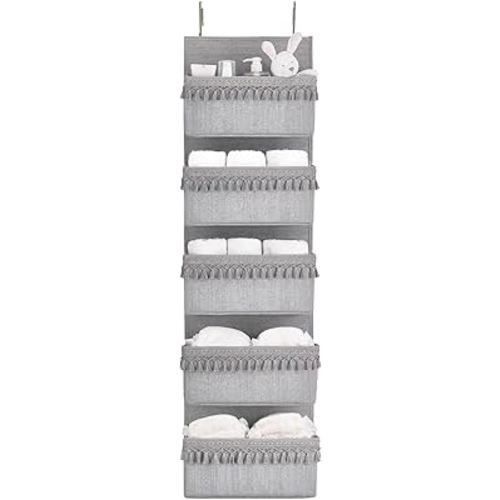 Dahey Over The Door Organizer Boho Nursery Storage Decor Closet Hanging Organizer with Tassels Decoration for Bedroom Nursery Bathroom Apartments Dorm Pantry, 5 Pockets, Grey