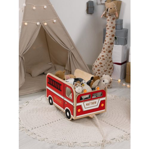 Fire Truck Toy Storage Personalized Unique Gift For Grandson Baby Furniture For Nursery Organization Toy Box on Wheels Toddler Present