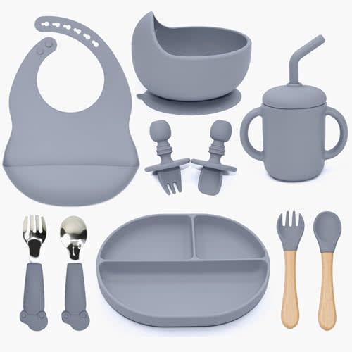 SILI FACTORY Silicone Baby Feeding Set - 10PCS Suction Bowl and Divided Toddler Plates Adjustable Bib Sippy Cup Spoons Forks -Baby Led Weaning Supplies,Toddler Baby Dish Set for 6+ Months