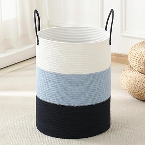 Woven Laundry Hamper Tall Rope Storage Basket for Blanket toys Dirty Clothes in Living Room Bathroom Bedroom (Gradient Blue, 100L/26.4Gal)