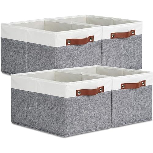 Temary Storage Bins Storage Baskets 4Pack Fabric Storage Bins for Shelves with Dual Leather Handles Canvas Storage Boxes for Organizing Home, Shelf, Closet (White&Grey)