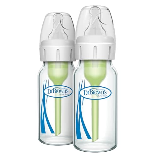 Dr. Brown's Natural Flow Anti-Colic Options+ Narrow Glass Baby Bottle, 4 oz/120 mL, with Level 1 Slow Flow Nipple, 2 Pack, 0m+