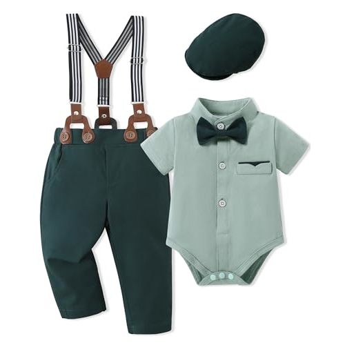 SOLOYEE Baby Boy Clothes Suits 3-24M Infant Gentleman Outfits, Short Sleeve Shirt+Bowtie+Beret+Suspender Pants Clothing Set