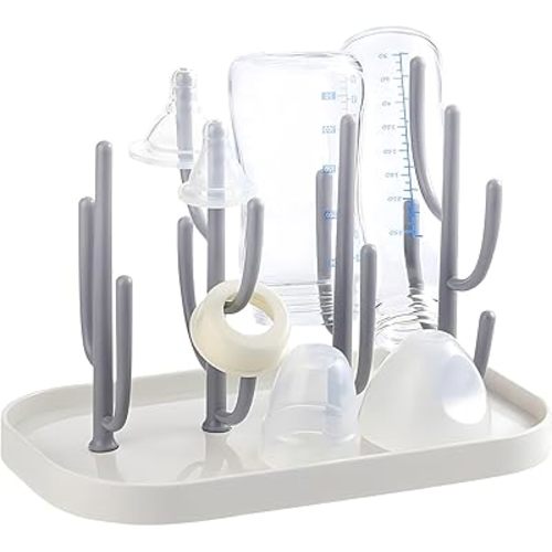 Baby Bottle Drying Rack with Base, Creative Tree Branch Baby Bottle Dryer Holder for Bottles, Teats, Cups, Pump Parts and Accessories (Gray)