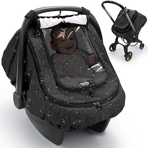 Waterproof Car Seat Cover for Baby, 2-Layer Car Seat Rain Cover with Clear Window & Sunshade & Mesh Cover, Universal Infant Carseat Canopy for Stroller, Protect from Rain and Snow - Black