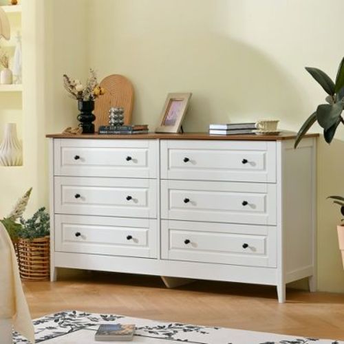 Dresser for Bedroom, 6 Drawer Dresser with Wide Drawer and Metal Handles, Wood Dressers & Chests of Drawers
