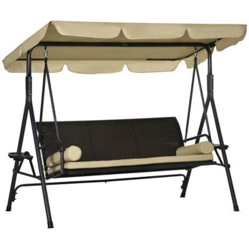 Outsunny 3-Seat Porch Swing with Canopy, Outdoor Swing Chair with Removable Cushion, Pillows, Adjustable Shade, and Rattan Seat