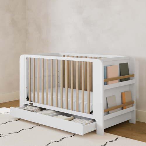 Graco Read-with-Me 4-in-1 Convertible Baby Crib with Drawer, White with Driftwood