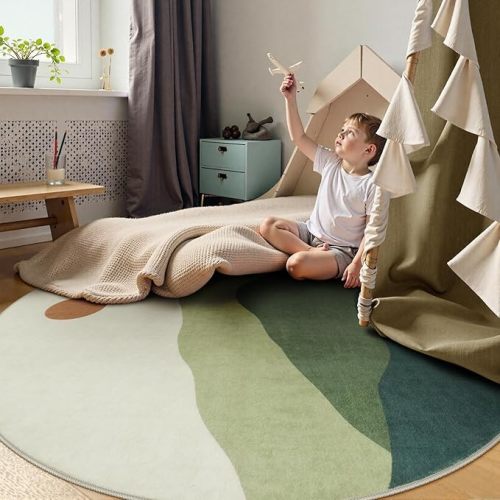 6ft Round Rugs for Living Room,Soft Washable Non-Slip Large Circle Rug,Chic Mountain Low-Pile Circular Bedroom Rug Indoor Round Carpets for Kidsroom/Nursery/Office(Green)