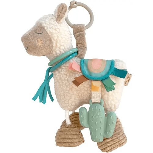 Itzy Ritzy Link & Love Toy for Stroller or Car Seat; Features Textured Ribbons, Crinkle Sounds, Clinking Rings & Silicone Teether; Designed For Ages 0 Months and Up (Llama)