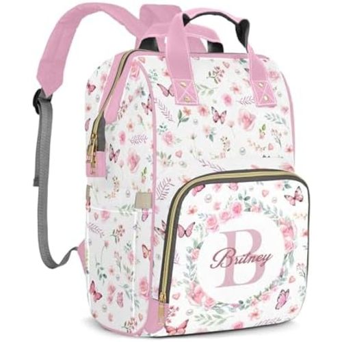 Large Capacity Custom Diaper Bag for Baby Girls with Name, Pink Floral Multifunctional Mom Personalized Diaper Bag Backpack Waterproof Women Customized Daypack Nappy Bag