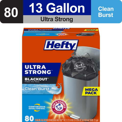 Hefty Ultra Strong 13 Gallon Tall Black Trash Bags with Clean Burst Scent for Kitchen and Heavy Duty Use
