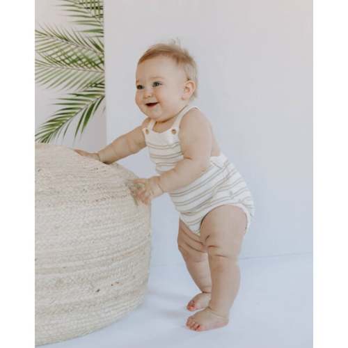 Organic Cotton Stripe Knit Bubble Romper, Mushroom Gray Stripes - Dear Hayden | Maisonette