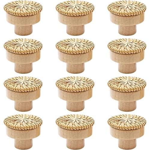 BokWin 12 Pcs Rattan Dresser Knobs Natural Wood Drawer Knobs Hardware with 12 Screws Round Woven Drawer Pulls Handle with Screws for Boho Furniture Cabinet Drawer Cupboard(Natural)