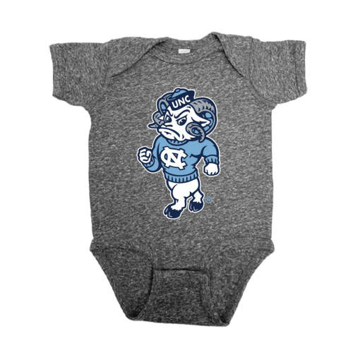 North Carolina Tar Heels Baby Onesie in Grey with Mascot Rameses