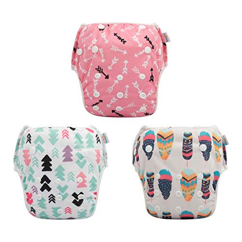Babygoal Baby Girl Swim Diapers 3 Pack for 8M-3T Babies and Toddlers, Reusable Adjustable Washable for Swimming Lessons-Leaves, Arrow,Feather