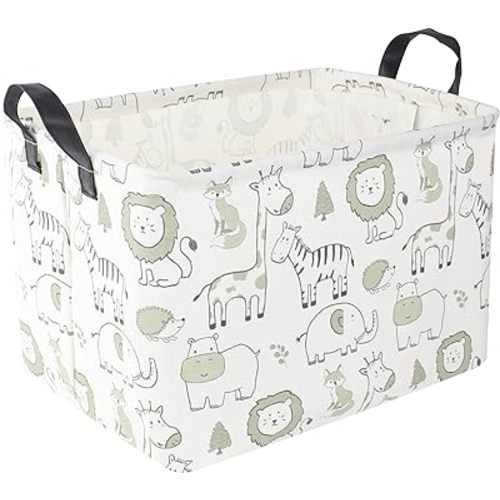 CLOCOR Rectangular Large Storage Basket,Collapsible Cute Pattern Storage Bin,Waterproof Toy Storage Box with Handles,Gift Basket Empty,Room Decor(Green Animals)