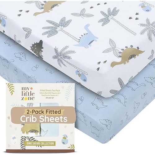 Baby Dinosaur Crib Sheets 28"x52", 8" Deep Pocket, 2 Pack, Blue White Dino