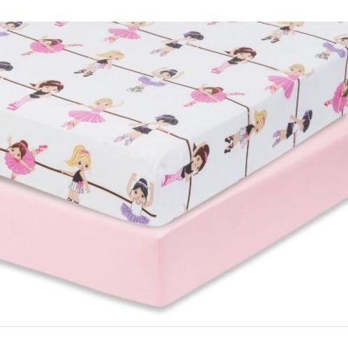 Everyday Kids 2-Pack Fitted Girls Crib Sheets, 100% Soft Breathable Microfiber, Fits Standard Crib Mattress 28x52in, Ballerina and Pink Sheets