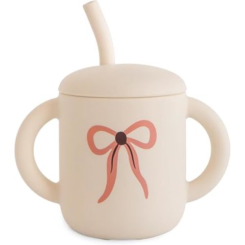 mushie 100% Silicone Training Cup & Straw for Toddlers | 6 Months+ (Bows)