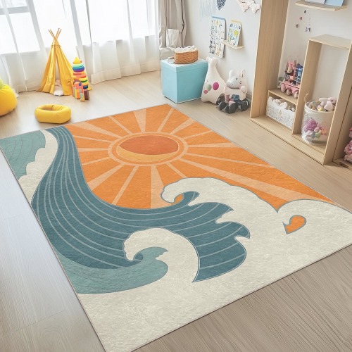 Retro Sun Crawling Rug -White Mat-Coastal Skid Proof Carpet for Kid&#39;s Room-Hawaiian Toddler Runner-Japanese Playroom Rug-Wave Tammy Time Mat