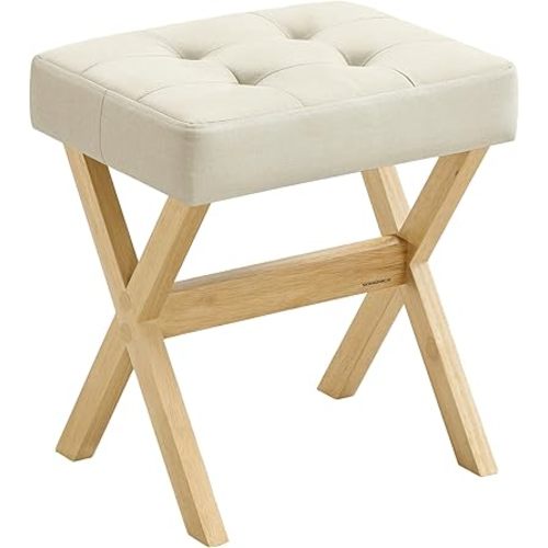 SONGMICS Makeup Stool, Padded Vanity Stool, Foot Rest, Solid Wood X Legs, for Bedroom, Closet, Entryway, 12.6 x 16.5 x 18.1 Inches, Summer Sand and Natural Beige ULSF006LF02