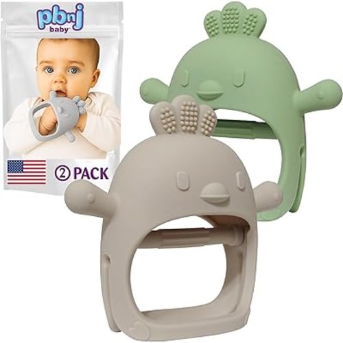 PBnJ Baby Teething Mittens for Babies 0-6 Months, 2 Pack Silicone Teething Mitten with 3 Textures & Crinkle Sound, BPA-Free Teether Glove for Teething Relief, Adjustable Baby Teething Toys 3-6 Months