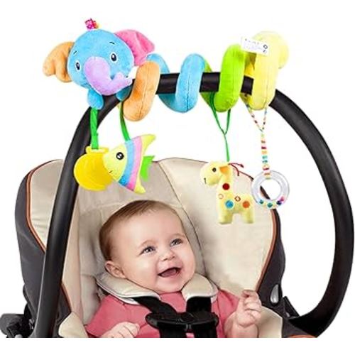 Caterbee Baby Car Seat Toys, Hanging Activity Spiral Plush Stroller Toys with Rattle for boy or Girl (Elephant)