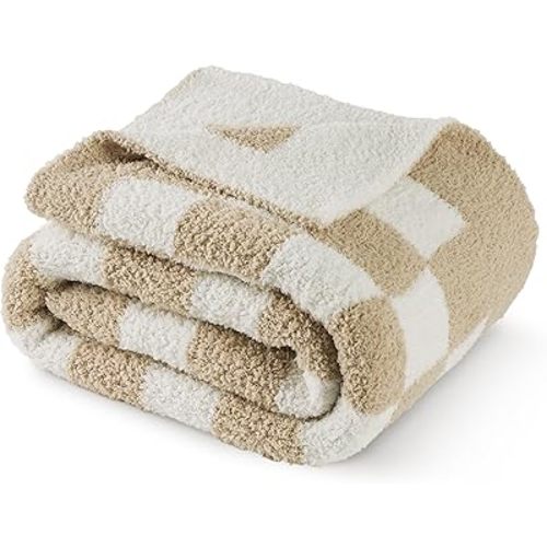 Bedsure Plaid Throw Blanket for Couch, Twin Size - Super Soft, Cozy & Warm Knit Blanket, Breathable, Lightweight & Fluffy for Women Bedding Sofa, Gentlesoft, Beige, 60x80 Inches