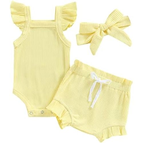 Newborn Baby Girl Summer Outfits Ribbed Sleeveless Romper Bodysuit Top and Ruffle Shorts Headband Clothes Sets