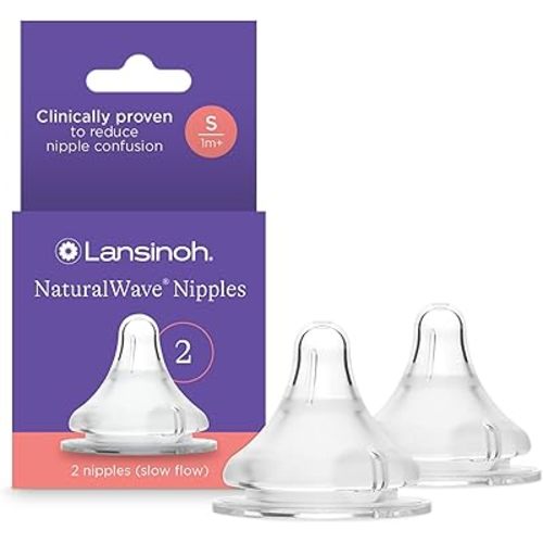 Lansinoh NaturalWave Baby Bottle Nipples – 100% Soft, Durable Silicone, Made Without BPA BPS, Anti-Colic, Supports Baby’s Developing Mouth and Teeth, Slow Flow, Size S, 2 Count, 1+ Month