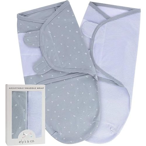 Ely's & Co. Adjustable Swaddles for Newborn, Baby Swaddles 0-3 Months, Velcro Swaddle Sack for Baby Boy, 100% Cotton, 2 Pack (Blue Leaf)
