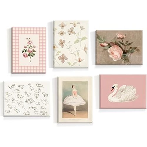 Nursery Pink Wall Art Decor Baby Girl Canvas Wall Art Vintage Floral Prints Kids Room Wall Decor Preppy Flower Poster Antique Pink Pictures Swans Painting for Girls Room Bedroom 8x10x6 Inch Wrapped Canvas