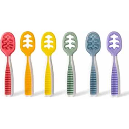 NumNum Pre-Spoon GOOtensils | Baby Spoon Set (Stage 1 + Stage 2) | BPA Free Silicone Self Feeding Toddler Utensils | For Kids Ages 6 Months+, 1-Pack, 6 Spoons, Rainbow