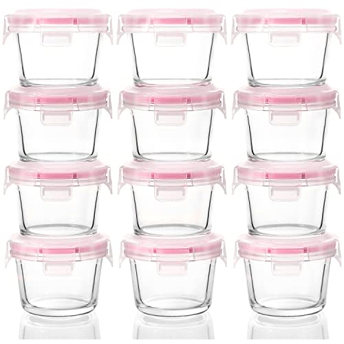 M MCIRCO [12-Pack, 5oz] Small Glass Food Storage Containers, Small Glass Containers with Lids, Small Glass Jars for Snacks, Dips, Sauces, BPA Free, Freezer, Microwave & Dishwasher Friendly, Pink