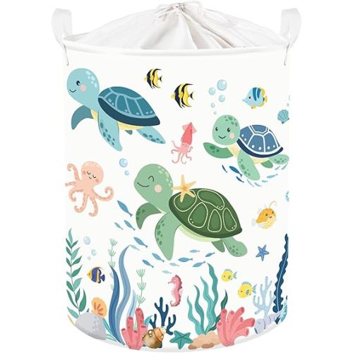 Clastyle Adorable Ocean Animals Kids Book Storage Basket Sea Turtle Clothes Laundry Basket Parents Gift Toy Box for Bedroom Shower, Green Turtle, 36x45 cm