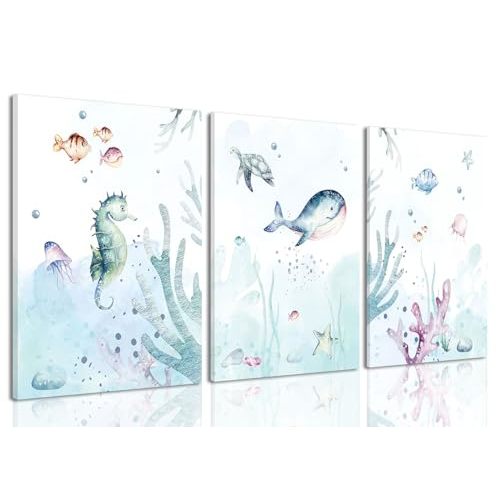Wodkwq Ocean Nursery Canvas wall art,Nursery Wall Decor,Kids Bathroom Decor,Under The Sea Picture,Boys Room Sea Animal Prints Set of 3,Bedroom 12x16 Inch Framed