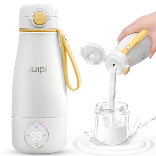 Portable Milk Warmer for Travel, 12oz Large Capacity Baby Bottle Warmer for Formula & Breastmilk, Fast Heating Milk Warmer on The Go wth Child Lock,Precise Temp Control (White/Yellow)