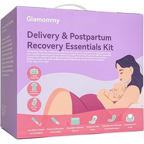 Upgraded Postpartum Recovery Essentials Kit for Women, Nursing Gown, Luggage Bags, Socks, Peri Bottle, Cooling Spray, Disposable Underwear, Postpartum Pads, Hot&Cold Packs, Cooling Liners