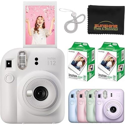 Fujifilm Instax Mini 12 Instant Camera Clay White with 40 Sheets Fujifilm Instax Mini Film Bundle, Sunshine Photo Microfiber Cleaning Cloth Included