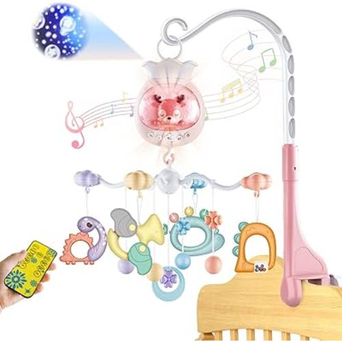 Crib Mobiles for Babies with Music, Rotatable Baby Mobile for Crib with Projection, Timing Function and Baby Rattles Toy, Baby Crib Toys Hanging for Boys Girls 0-12 Months (Pink)