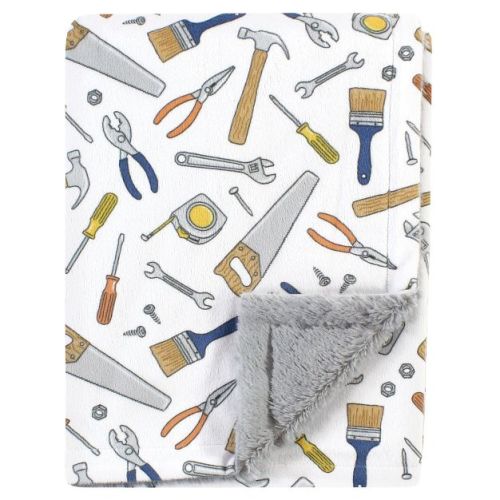 Hudson Baby Infant Boy Plush Blanket with Furry Binding and Back, Construction Work, One Size