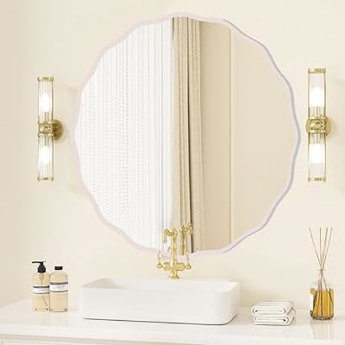 Distressed White Finish Wavy Round Mirror for Wall Decorative 28" Modern Wavy Circle Mirror for Bathroom Bedroom Living Room Home House Office Entryway