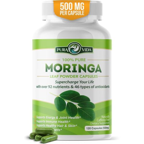 PURA VIDA MORINGA Capsules Single Origin Moringa Powder Organic. Moringa Leaf. Energy, Metabolism, & Immune Support. 120ct. 500mg Caps.