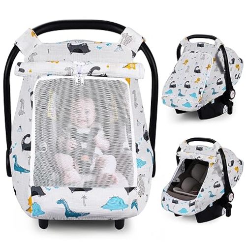 Rquite Car Seat Cover Baby, Carseat Covers Girl Boy, Breathable Muslin Cotton, Large Mesh Window, Infant Car Seat Canopy Baby Carrier Cover Stroller Sun Shade for Summer & Hot Day, Grey