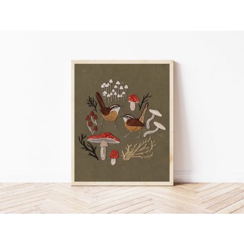Carolina Wren Bird Pair and Mushrooms Botanical Art Print - Folk Art Bird Nature Art - Whimsical Cottagecore Fungi Wall Décor - Birder Gift