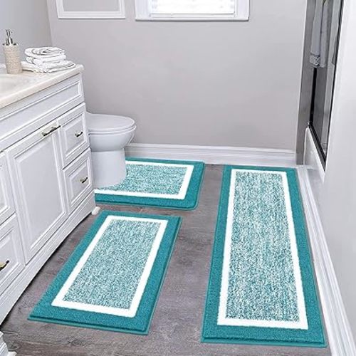Pauwer 3 Piece Bath Mat Set Bathroom Rugs, Non Slip Plush Bathroom Mats, Absorbent Shaggy Bathroom Rug Set with U-Shaped Contour Toilet Mat for Bathroom Bedroom Living Room, Aqua Blue