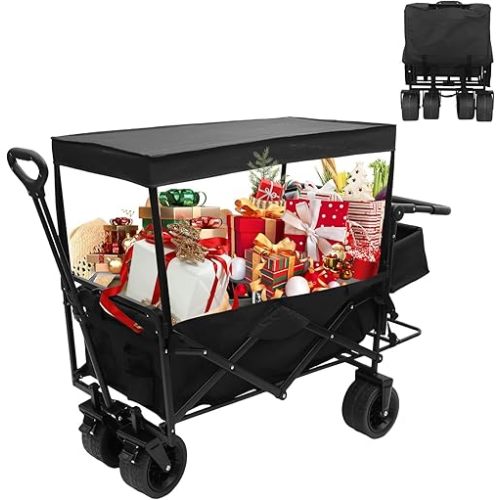Nice C Collapsible Wagons Carts Foldable, Push Wagon, Stroller Wagons, Wagon with Canopy, Grocery Cart on Wheels, 42.5'' L Up to 440LBS, All-Terrain Wheels with Handle&Push Bar (Stroller, Black)